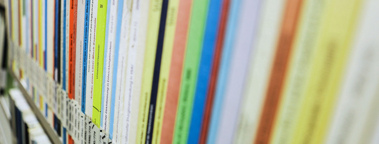 Bücher mit der Aufschrift Dissertation auf dem Buchrücken im Bücherregal der Bibliothek