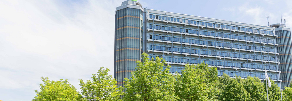 Mathetower mit Bäumen im Sommer
